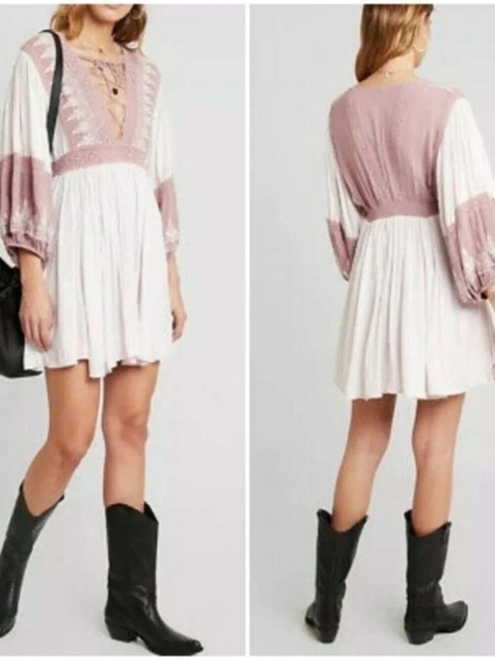 Free People Turn Heads Mini Dress Pink Embroidered Dolman Balloon Sleeve Mauve